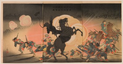 Bombardement du camp ennemi alors que notre deuxième armée débarque à la forteresse de Jinzhou - Kobayashi Kiyochika