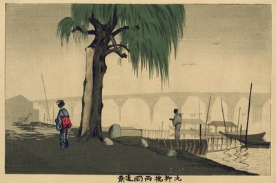 Vue lointaine de Ryōgoku depuis le pont Motoyanagi - Kobayashi Kiyochika