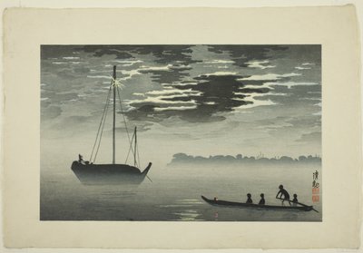 Clair de lune à travers les nuages au large de la côte de Haneda - Kobayashi Kiyochika