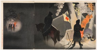 Nos troupes installent un bivouac à Yingkou en bravant le froid glacial - Kobayashi Kiyochika