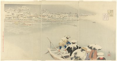 Deuxième mois : Colline de Matsuchi sous la neige au crépuscule, de la série "Vues véritables des lieux célèbres de Tokyo" - Kobayashi Kiyochika