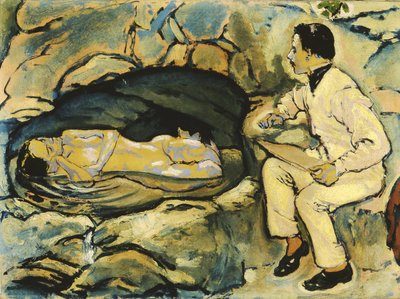 Autoportrait, dessin avec sirène dans la grotte rocheuse - Koloman Moser