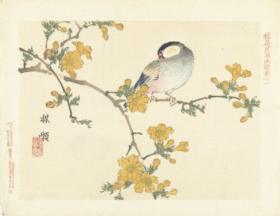 Oiseau chanteur sur une branche fleurie - Kono Bairei