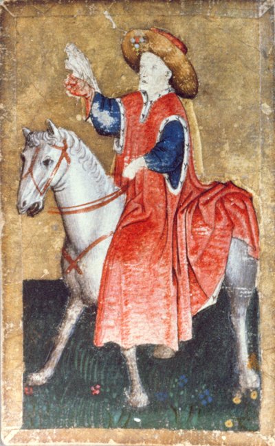 Un fauconnier monté, une des cartes à jouer représentant des scènes de fauconnerie courtoise, région du Haut-Rhin, vers 1440-45 - Konrad Witz