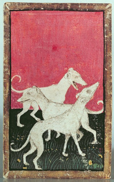 Trois chiens de chasse, une des cartes à jouer représentant des scènes de fauconnerie courtoise, Haut-Rhin, vers 1440-45 - Konrad Witz
