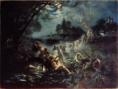 Sirènes. La nuit, des femmes nues tressent des couronnes dans une rivière, puis forment une chaîne en se tenant les unes aux autres et s