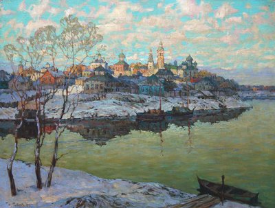 Début du printemps, une ville au bord de la rivière, 1916 - Konstantin Ivanovich Gorbatov