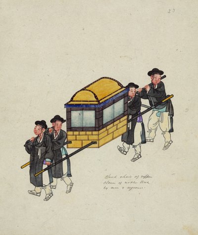 Quatre porteurs transportant un officiel dans un "gama" ou palanquin, c.1890 - Korean School
