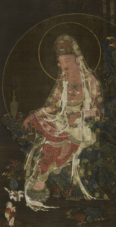 Rouleau suspendu représentant un Bodhisattva Avalokiteshvara (Kwanseûm Posal) avec une branche de saule dans un jardin paradisiaque - Korean School