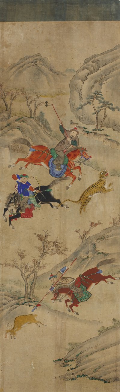 Scène de chasse (3 cavaliers chassant le cerf et le tigre) - Korean School