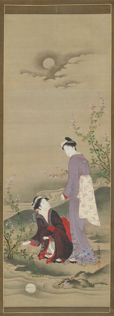Automne : Deux femmes regardant le reflet de la lune, début du XIXe siècle - Kubo Shunman
