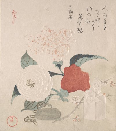 Fleurs de camélia, un netsuke et un sceau, 19ème siècle - Kubo Shunman