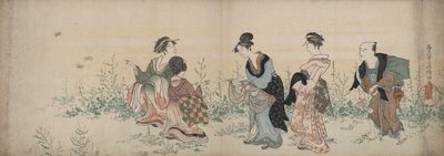 Quatre filles et un serviteur profitant des fleurs sauvages et des papillons - Kubo Shunman