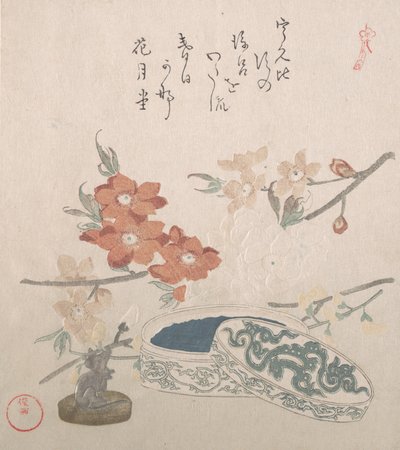 Fleurs de pêcher, un sceau et une boîte à sceau - Kubo Shunman