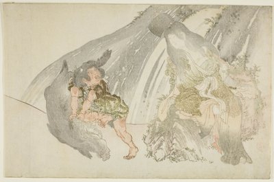 Yamauba regardant Kintaro lutter contre un sanglier - Kubo Shunman