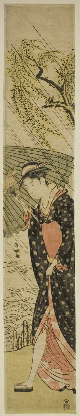 Jeune femme marchant sur une rive sous la pluie - Kubo Shunman