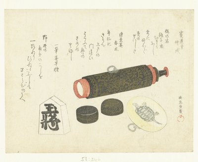 Télescope, netsuke et pièce de shogi - Kubota Shunman