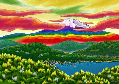 Mont Fuji arc-en-ciel au-delà de la ville - Kunio Ota