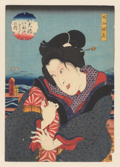 Sotoyama Myôshin sur un balcon près de la rivière (Biographies des huit héros chiens, série) - Kunisada (II) , Utagawa