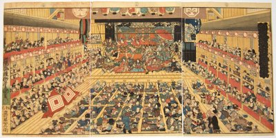 Intérieur du théâtre avec performance de Shibaraku, 1858 - Kunisada