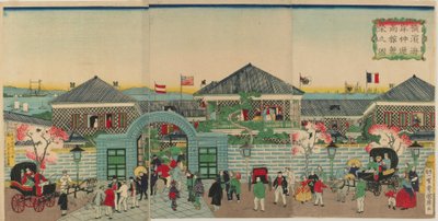 Image de la prospérité des établissements commerciaux le long de Nakadouri à Yokohama, époque Meiji, 1870 - Kuniteru II Utagawa