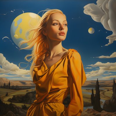 Femme Sami de 35 ans avec un croissant de lune, sourire mystérieux, visage et corps légèrement tournés, longs cheveux blonds 1 - Kurt Heppke