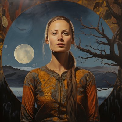 Femme Sami de 35 ans avec un croissant de lune, sourire mystérieux, visage et corps légèrement tournés, longs cheveux blonds 3 - Kurt Heppke