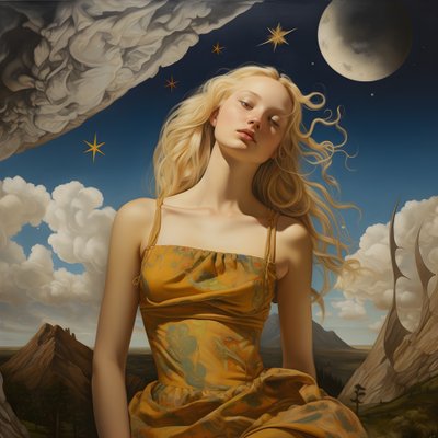 Femme Sami de 35 ans avec un croissant de lune, sourire mystérieux, visage et corps légèrement tournés, longs cheveux blonds 4 - Kurt Heppke