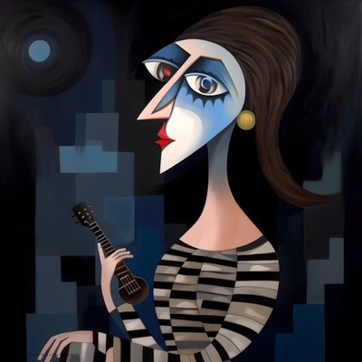 Troubadour femme avec sa guitare sous la lumière de la lune - Kurt Heppke
