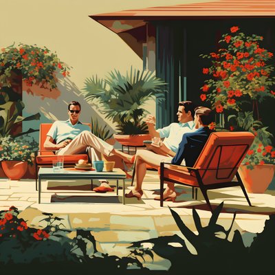 3 amis se détendent dans le jardin avec une ou deux boissons 2 - Kurt Heppke