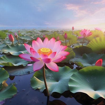 De grandes et belles fleurs de lotus fleurissent sur la surface claire de l
