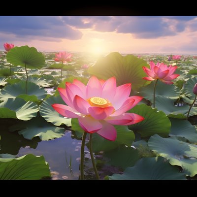 De grandes et belles fleurs de lotus fleurissent sur la surface claire de l