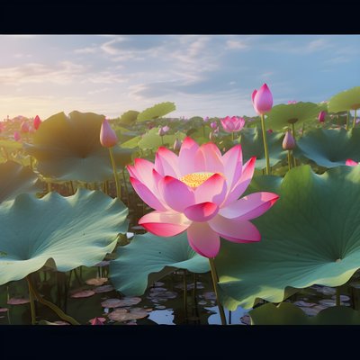 De grandes et belles fleurs de lotus fleurissent sur la surface claire de l