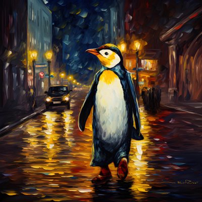 Un pingouin en costume marche dans la rue 1 - Kurt Heppke