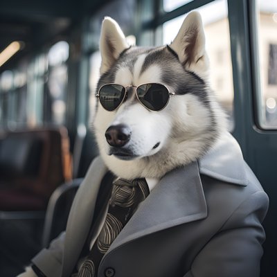 Un chien Husky sibérien en costume et avec des lunettes de soleil à la gare routière, comme un gentleman 1 - Kurt Heppke