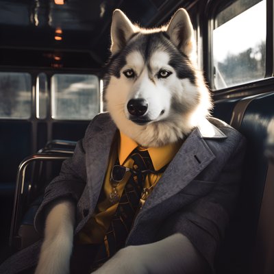 Un chien Husky sibérien en costume et avec des lunettes de soleil à la gare routière, comme un gentleman 4 - Kurt Heppke