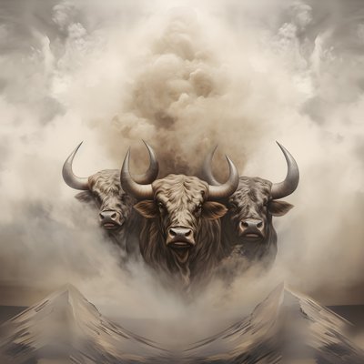 Une peinture abstraite fractale, texture de fumée beige-blanc. 3 taureaux noirs émergeant de la fumée, avec le mont Ararat à l