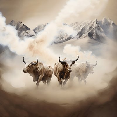 Une peinture abstraite fractale, texture de fumée beige-blanc. 3 taureaux noirs émergeant de la fumée, avec le mont Ararat à l