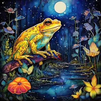 une grenouille jaune dans la forêt, lune, rivière 2 - Kurt Heppke