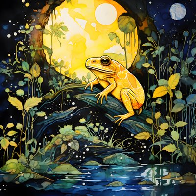 une grenouille jaune dans la forêt, lune, rivière 3 - Kurt Heppke