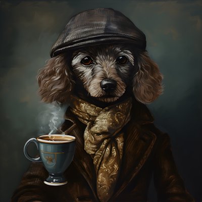 Un caniche cultivé boit une tasse de thé, porte un col roulé et une casquette plate, fond enfumé 1 - Kurt Heppke