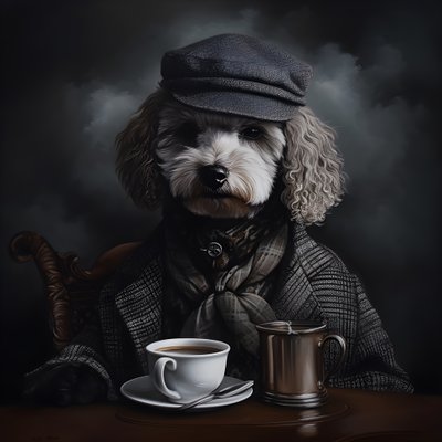 Un caniche cultivé boit une tasse de thé, porte un col roulé et une casquette plate, fond enfumé 2 - Kurt Heppke