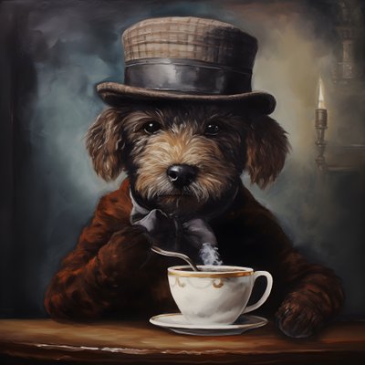 Un caniche cultivé boit une tasse de thé, porte un col roulé et une casquette plate, fond enfumé 4 - Kurt Heppke