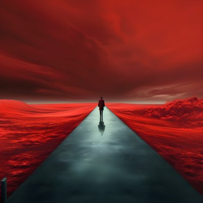 Une longue route rouge. Marcher. Comme le héros qui n