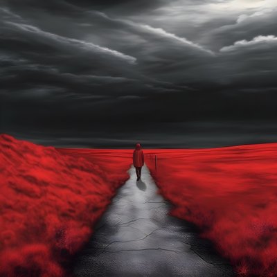 Une longue route rouge. Marcher. Comme le héros qui n