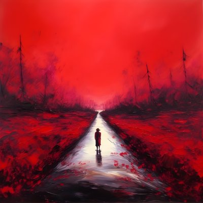 Une longue route rouge. Marcher. Comme le héros qui n