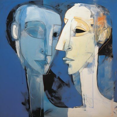 Peinture de deux têtes sur fond bleu 1 - Kurt Heppke