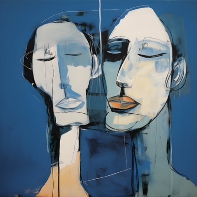 Peinture de deux têtes sur fond bleu 2 - Kurt Heppke