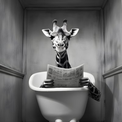 Girafe heureuse assise sur les toilettes avec un journal 1 - Kurt Heppke
