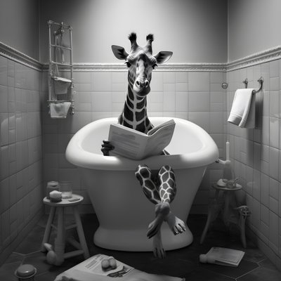 Girafe heureuse assise sur les toilettes avec un journal 2 - Kurt Heppke